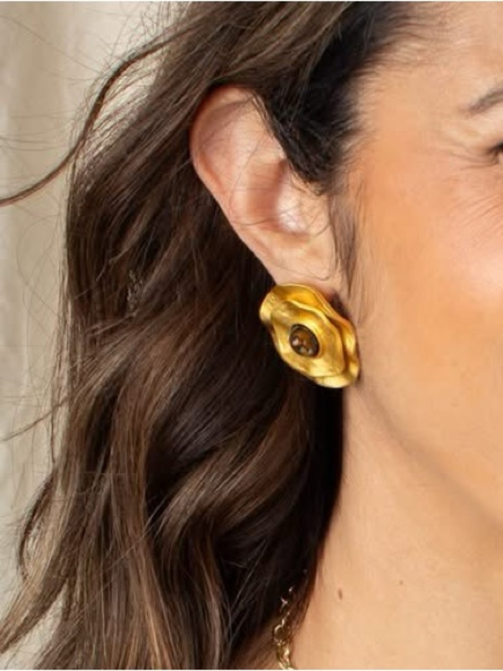 bloom Gold Floral Sculpted Earrings with Amber Center